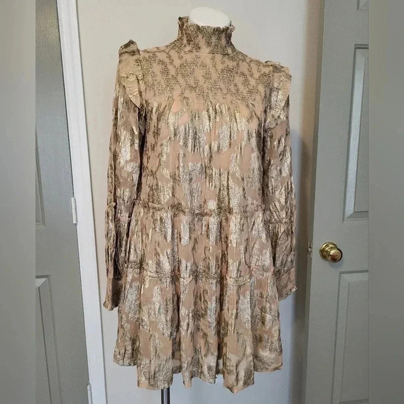 Elan Floral Metallic Mock Neck Smocked Tiered Long Sleeve Mini Dress(M)NWT - Picture 1 of 9